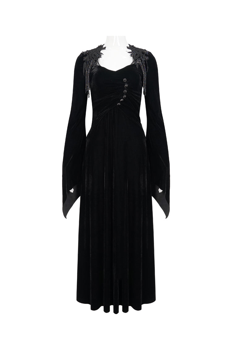 Black Embroidered Fringe Flared Sleeve Women's Gothic Dress - Product - 6