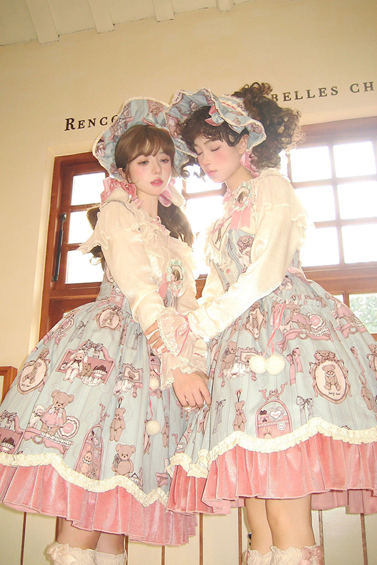 Pink/Green Bear Doll Wall Print Ruffle Embroidery Bowknot Sweet Corset Lolita Jsk Dress - Product - 9