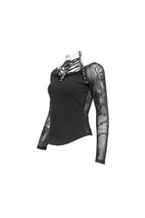 Black Stretch Knit Stitching Flocking Printed Neck Collar Tie Rope Off-Shoulder Women's Punk T-Shirt - Product - 8