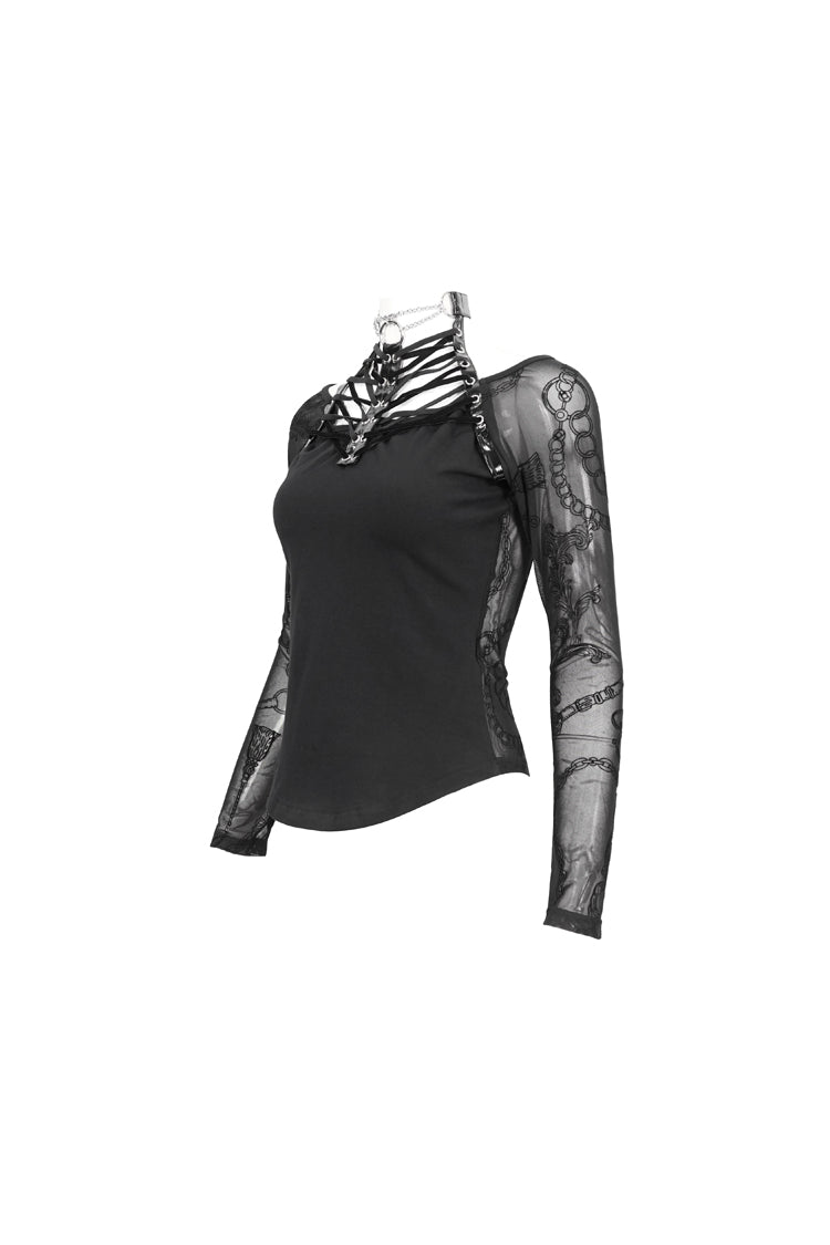 Black Stretch Knit Stitching Flocking Printed Neck Collar Tie Rope Off-Shoulder Women's Punk T-Shirt - Product - 8