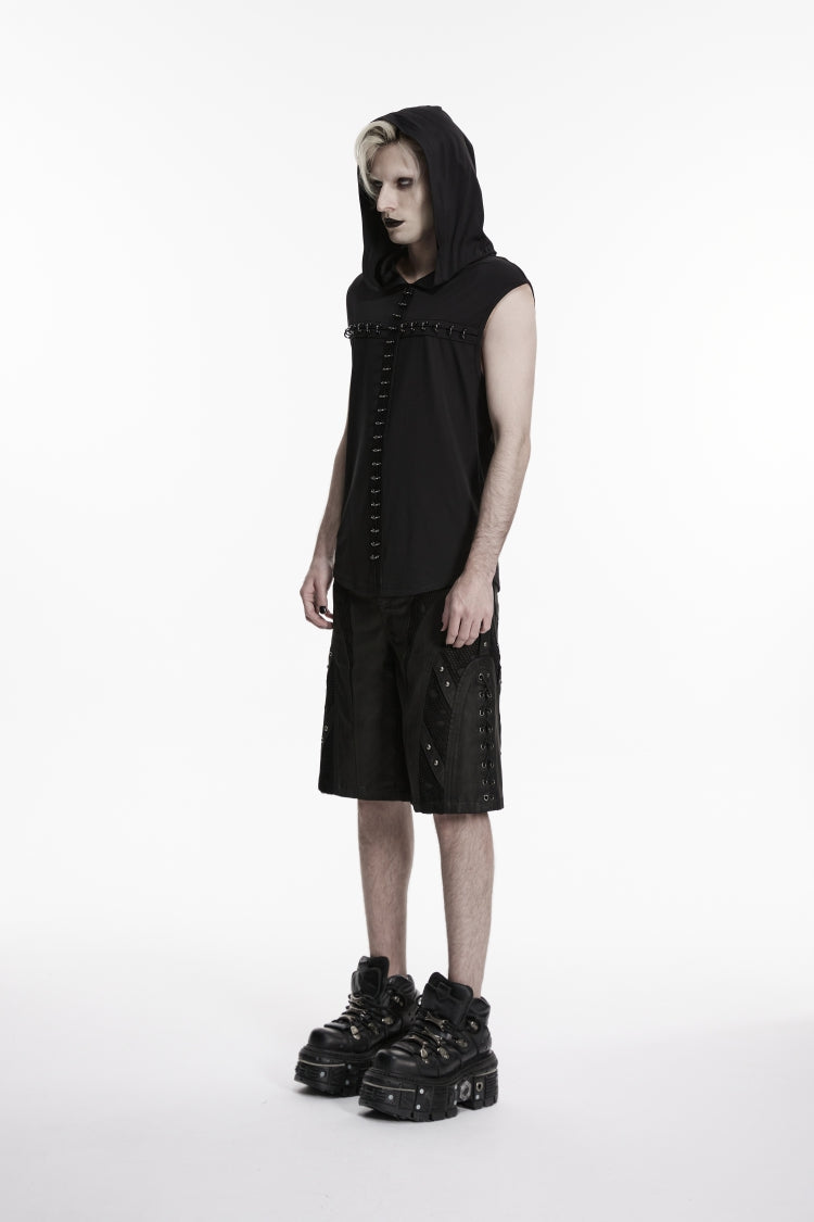 Black Lace-Up Studded Eyelet Men's Punk Cool Shorts - Product - 4