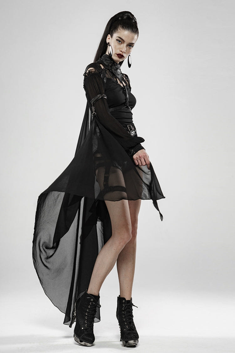 Black Stand Collar Sleeveless Metal Buckle Leather Strap Womens Gothic Cloak - Product - 4