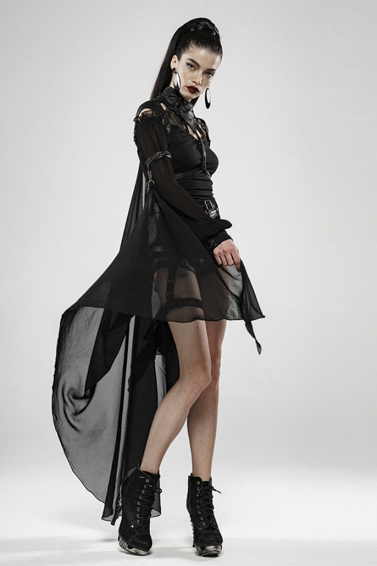 Black Stand Collar Sleeveless Metal Buckle Leather Strap Womens Gothic Cloak - Product - 4