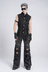 Black Sleeveless Studded Lace-Up Men's Gothic Distressed Vest - Product - 9