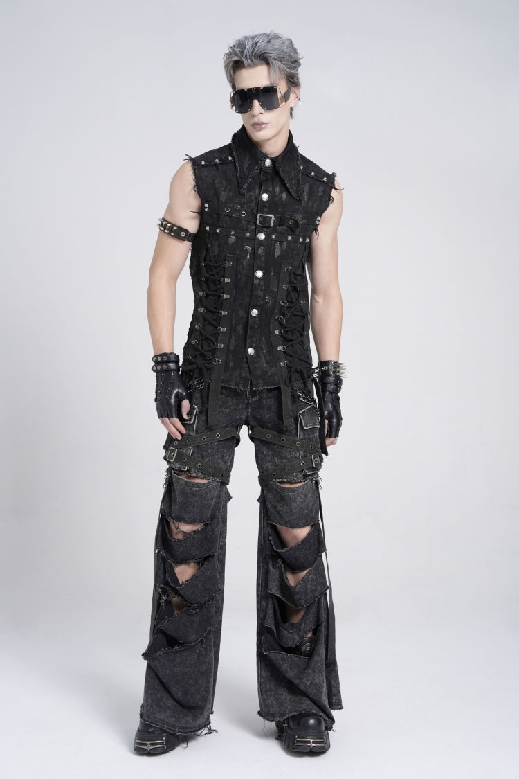 Black Sleeveless Studded Lace-Up Men's Gothic Distressed Vest - Product - 9