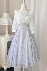 White/Blue Lace V Collar Half Sleeves High Waisted Sweet Lolita OP Dress - Product - 6