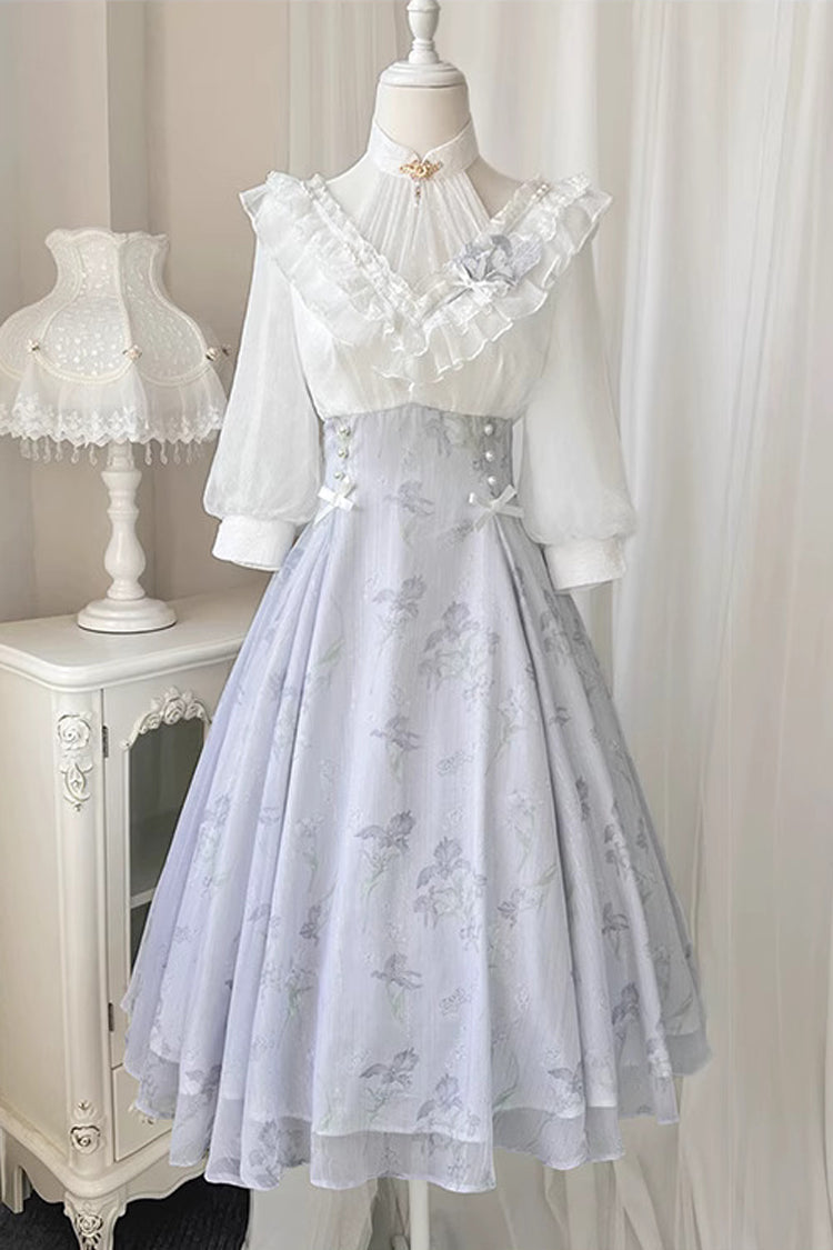 White/Blue Lace V Collar Half Sleeves High Waisted Sweet Lolita OP Dress - Product - 6