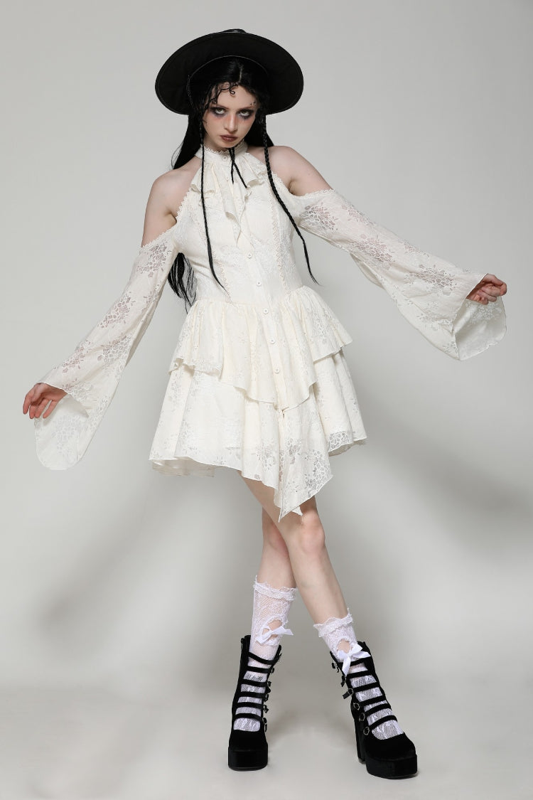 Beige Halter Off Shoulder Lapel Collar Long Flare Sleeves Lace-Up Women's Steampunk Dress - Product - 7
