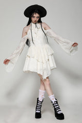 Beige Halter Off Shoulder Lapel Collar Long Flare Sleeves Lace-Up Women's Steampunk Dress - Product - 7