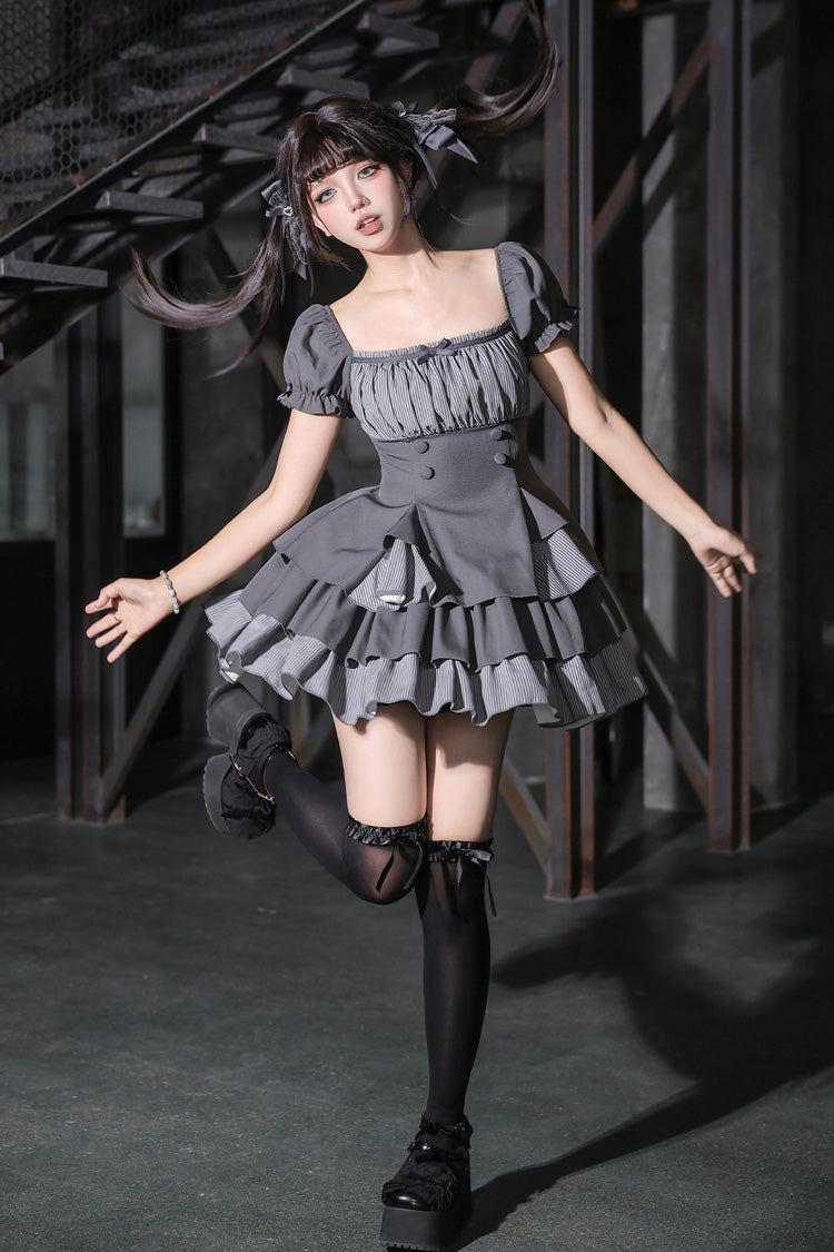 Classic Square Collar Halterneck Short Sleeves Triple-Layered Printed Ruffled Bow Cool Lolita Dress Set 2 Colors(Black, Grey) - Product - 16