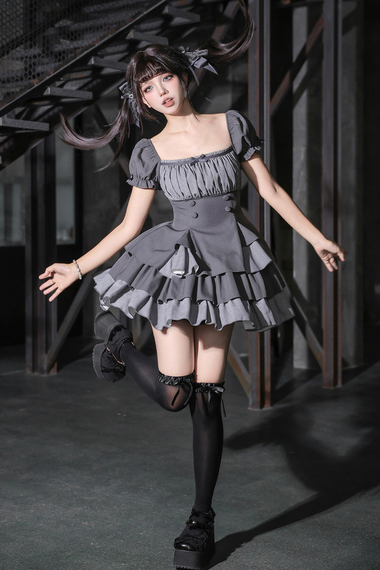 Classic Square Collar Halterneck Short Sleeves Triple-Layered Printed Ruffled Bow Cool Lolita Dress Set 2 Colors(Black, Grey) - Product - 16
