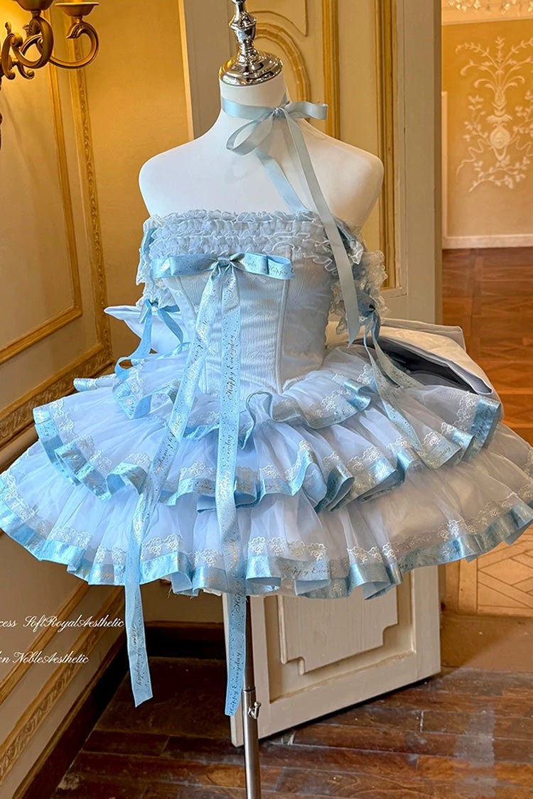 Blue [Princess Ribbon] Off Shoulder Triple-Layered Ruffle Bowknot Sweet Lolita Dress - Product - 3