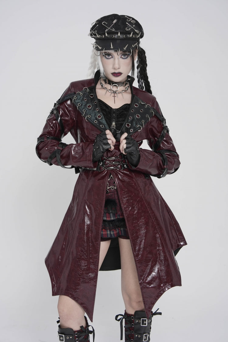 Red Lapel Collar Long Sleeves Lace-Up Irregular Eyelets & Rings Women's Punk Coat - Red - 1