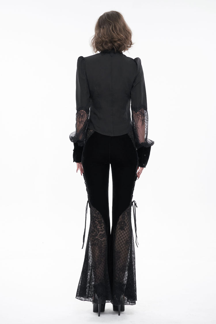Black High Collar Translucent Lace Patchwork Bow Decoration Long Sleeve Women's Gothic Shirt - Product - 7