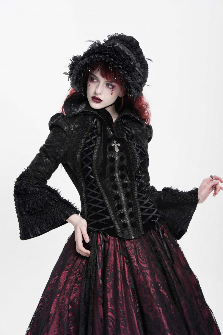 Black Lapel Collar Long Trumpet Sleeves Ruffle Lace-Up Zipper Women's Gothic Jacket - Product - 5