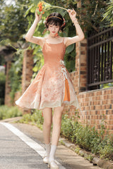 Orange Square Collar Sleeveless Chrysanthemum Printed Bow Lace-Up Asymmetric Sweet Chinese Inspired Lolita Jsk Dress Set - Product - 6