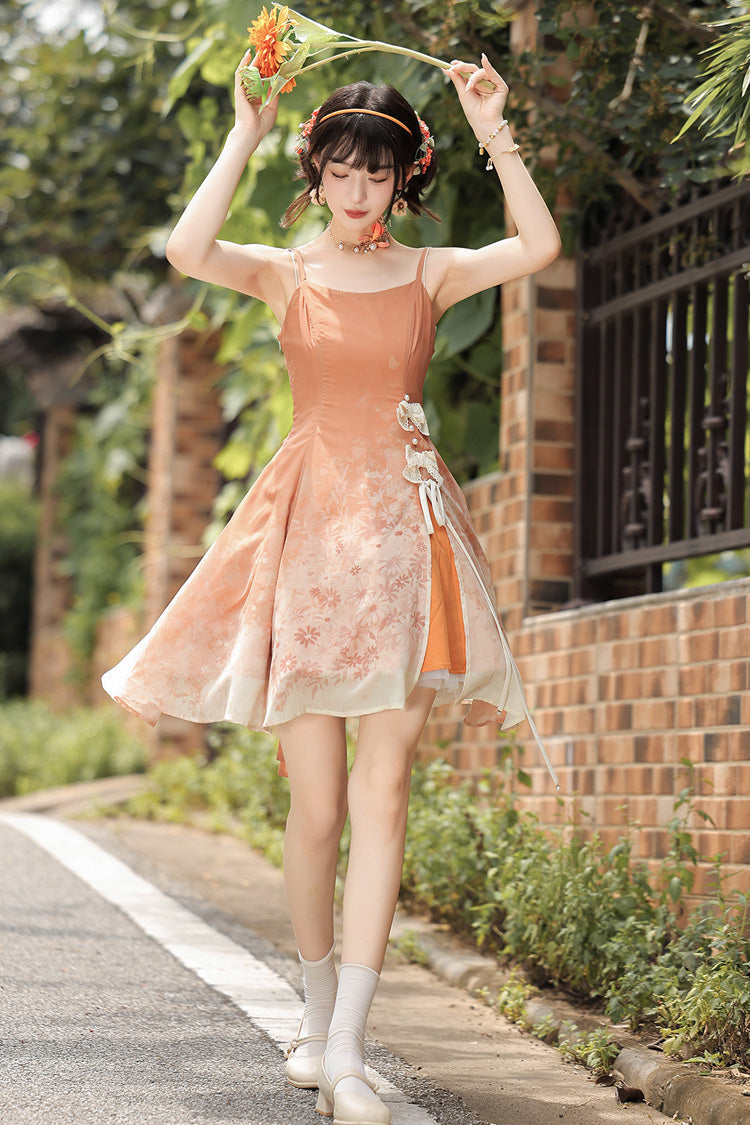 Orange Square Collar Sleeveless Chrysanthemum Printed Bow Lace-Up Asymmetric Sweet Chinese Inspired Lolita Jsk Dress Set - Product - 6