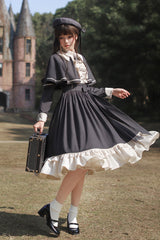 Dark Blue [Berlin Evening News] Long Sleeves Striped Print Ruffle Bowknot British College Style Elegant Sweet Lolita Dress - Product - 2