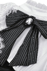 Black/White Lace High Collar Asymmetric Long Trumpet Puff Sleeves Bowknot Women's Lolita Gothic Short Dress - Product - 22