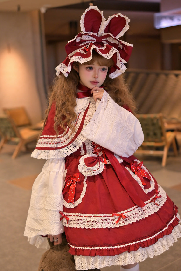 Red [Bobo Bunny Doll] Printed Ruffled Bow Lace-Up Sweet Lolita Jsk Dress 2 Colors - Product - 3