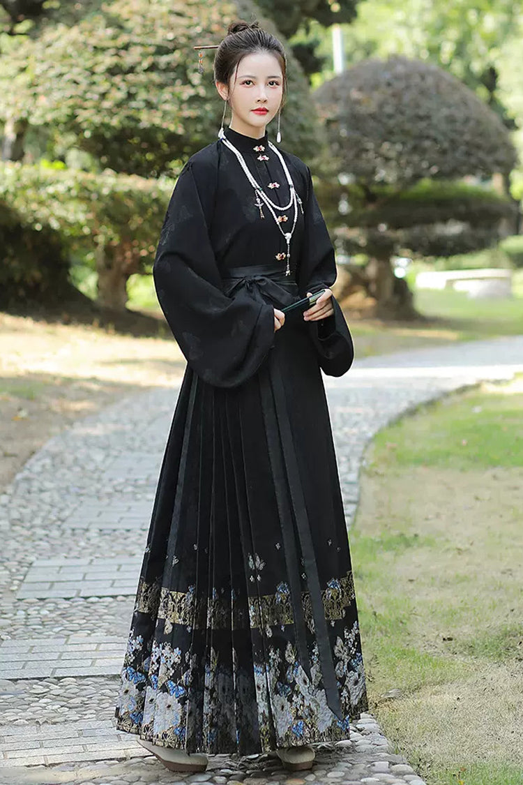 Black Stand Collar High Waisted Print Women's Classic Chinese Style Hanfu Skirt With Blouse - Product - 3