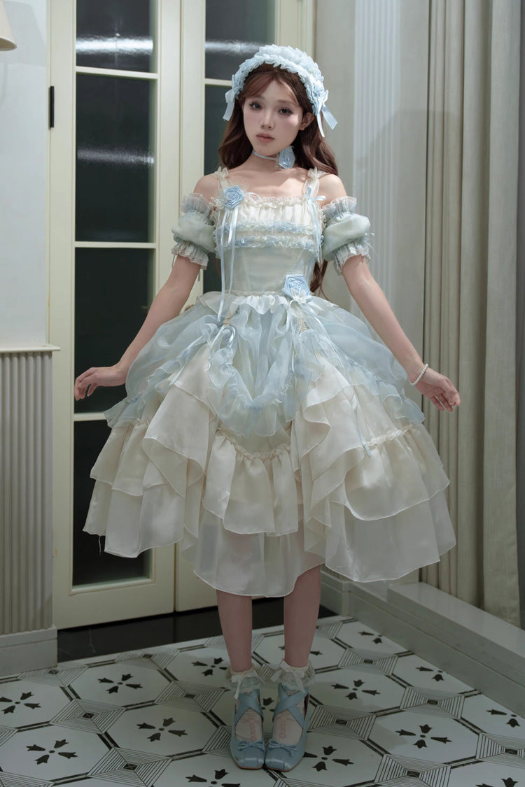 [Goodnight Camellia] Sleeveless Ombre Multi-Layered Printed Ruffled Lace Fishbone Sweet Lolita Jsk Dress 3 Colors - Product - 11