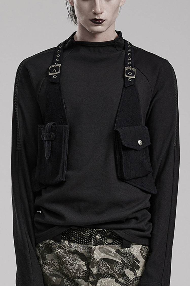 Black Crackle Leather Adjustable Men's Steampunk Strap Bag - Black - 1