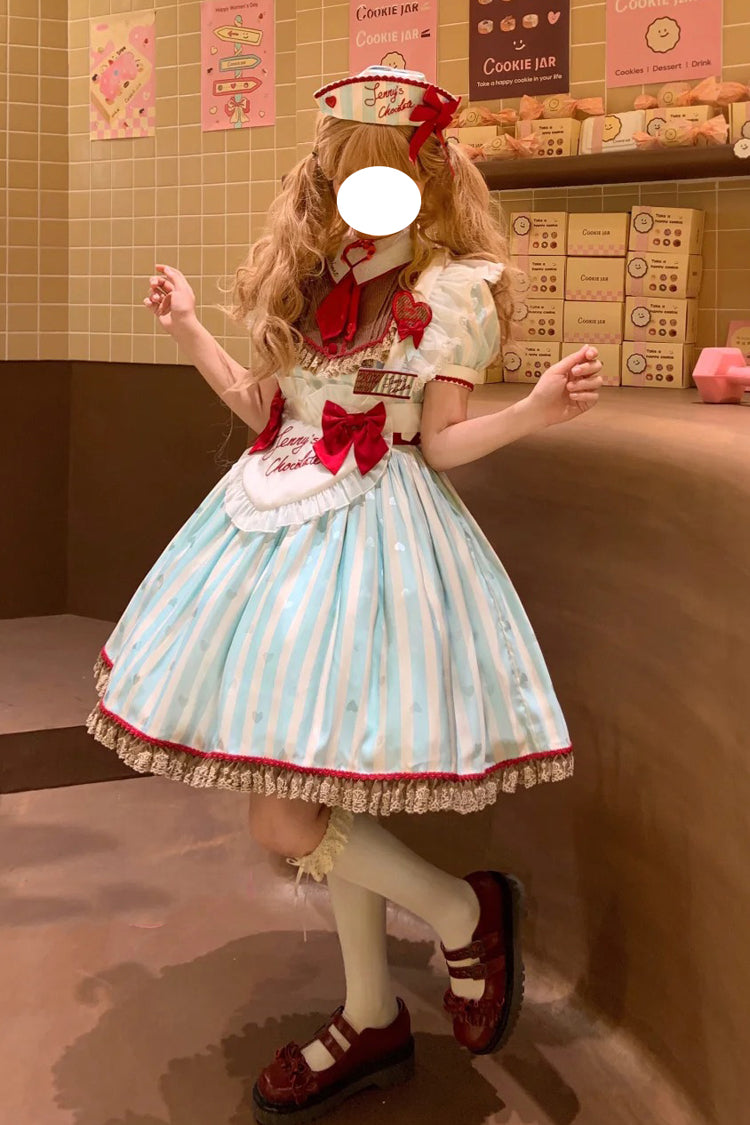 Green [Jenny's Chocolate] Short Sleeves Vertical Stripes Print Ruffle Bowknot Sweet Lolita Dress - Product - 7