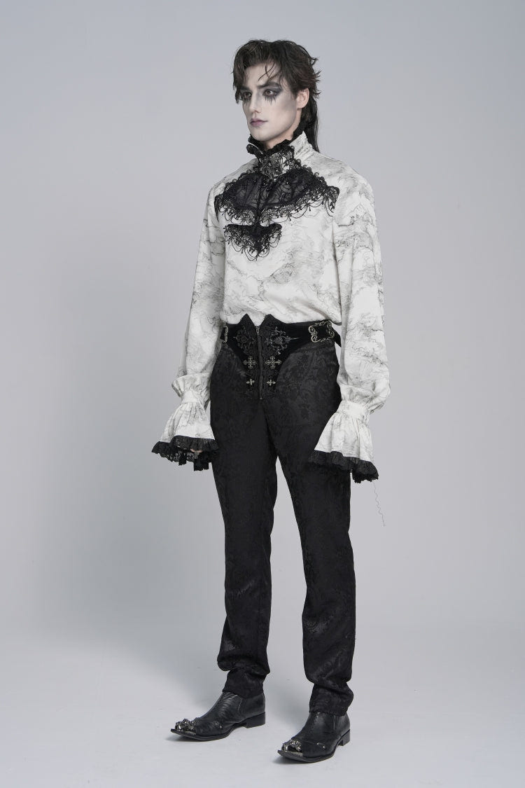 White Stand Collar Long Trumpet Marble Printed Sleeves Embroidered Spliced Men's Gothic Palace Shirt - Product - 3