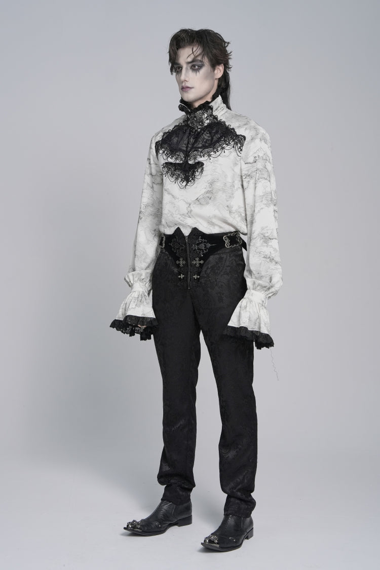 White Stand Collar Long Trumpet Marble Printed Sleeves Embroidered Spliced Men's Gothic Palace Shirt - Product - 3