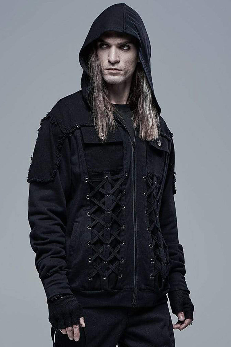 Black Punk Front Lace Up Decoration Long Sleeve Knit Hoodie Men's Coat - Product - 2