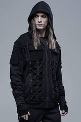 Black Punk Front Lace Up Decoration Long Sleeve Knit Hoodie Men's Coat - Product - 2