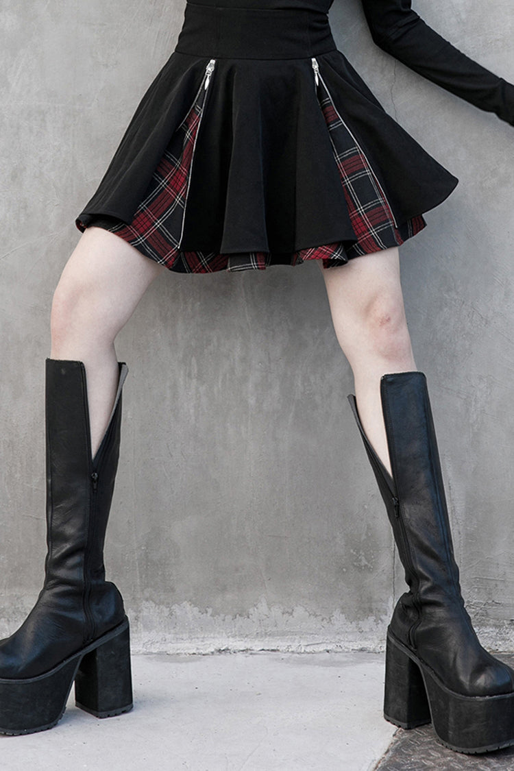 Black/Red Splice Plaid Metal Zipper Decoration Pleated Women's Punk Skirt - Product - 2