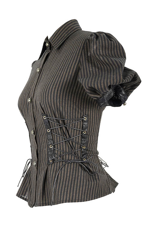 Brown Bubble Short Sleeves Striped Slim Womens Punk Blouse - Product - 5