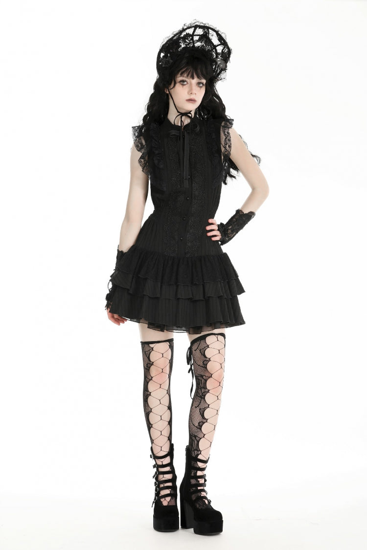 Black Lace Ruffled Stand Collar Bow Sleeveless Triple-Layered Hem Women's Gothic Dress - Black - 1