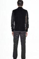 Black Striped Velvet Fold Mushroom Metal Buckles Long Sleeve Irregular Men's Gothic Shirt - Product - 9
