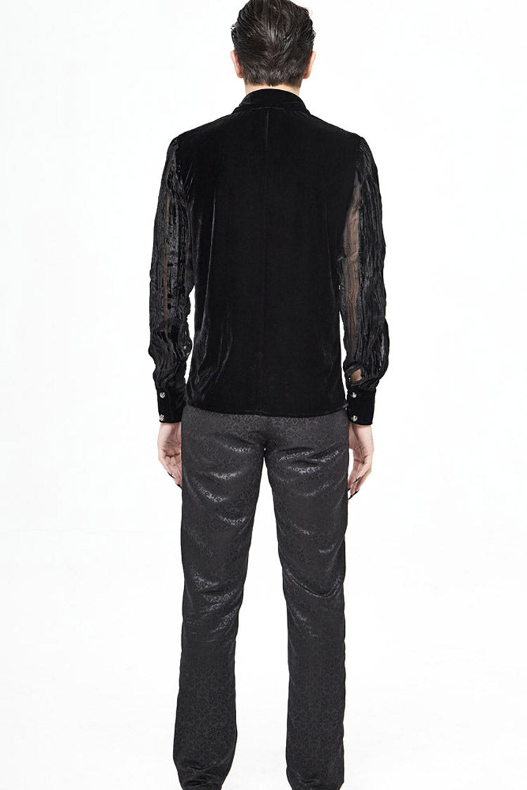 Black Striped Velvet Fold Mushroom Metal Buckles Long Sleeve Irregular Men's Gothic Shirt - Product - 9