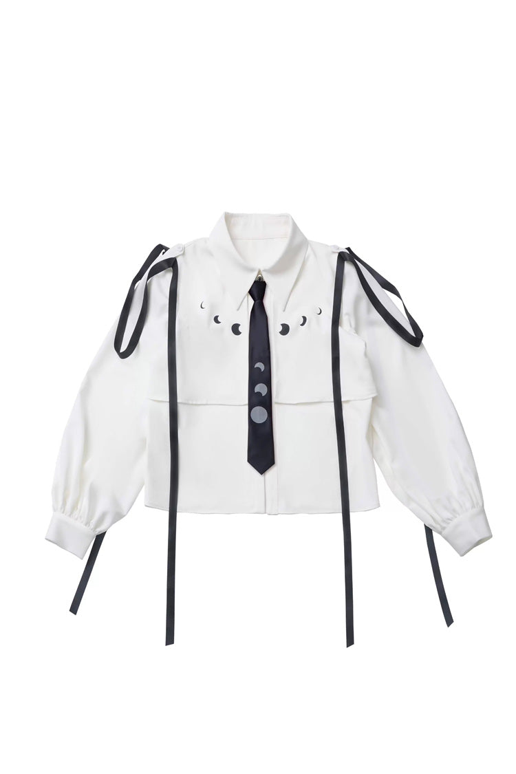White/Black [Moonlight Flowing] Long/Short Sleeves Ruffled Asymmetric Gothic Jirai Kei Skirt Set - Long-Sleeved Blouse - 13
