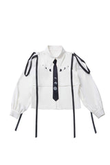 White/Black [Moonlight Flowing] Long/Short Sleeves Ruffled Asymmetric Gothic Jirai Kei Skirt Set - Long-Sleeved Blouse - 13