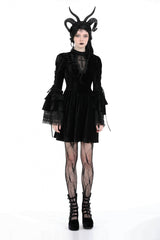 Black Women's Gothic Cross Lace Ruffled Stand Collar Long Flared Sleeves Lace-Up Velvet Dress - Product - 5