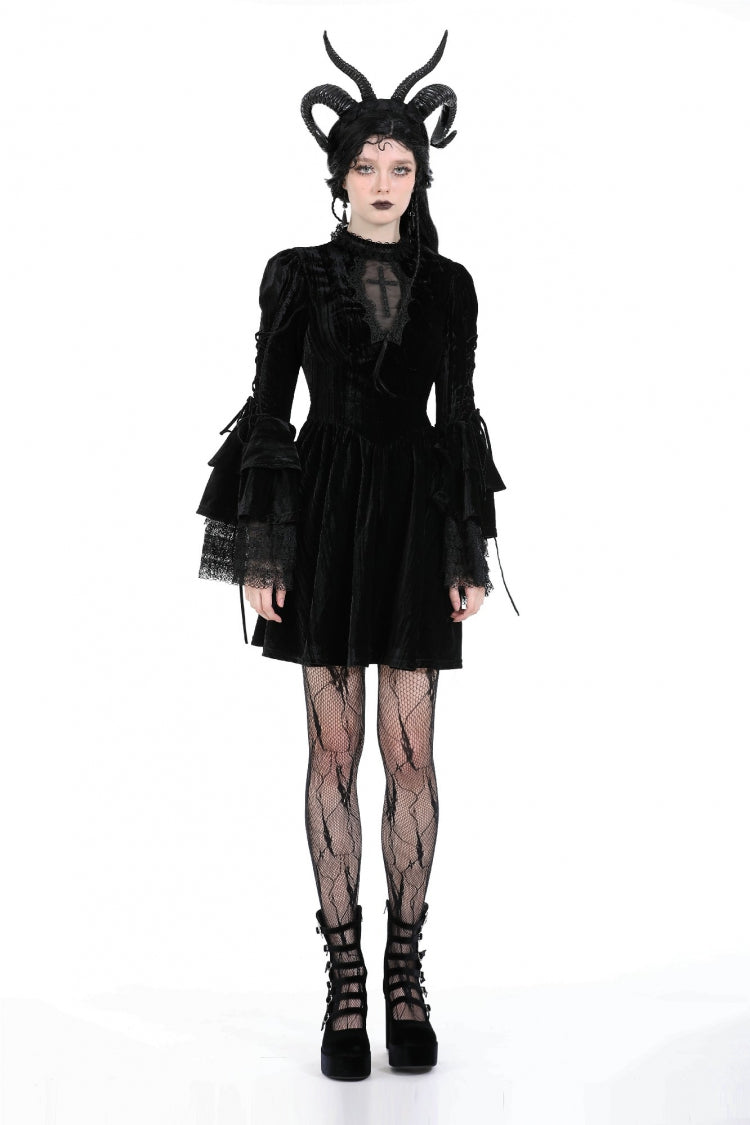 Black Women's Gothic Cross Lace Ruffled Stand Collar Long Flared Sleeves Lace-Up Velvet Dress - Product - 5