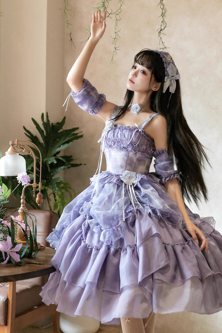 [Goodnight Camellia] Sleeveless Ombre Multi-Layered Printed Ruffled Lace Fishbone Sweet Lolita Jsk Dress 3 Colors - Product - 16