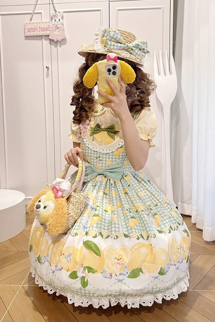 Green [Lemon Chicken] Print Ruffle Bowknot Lace Sweet Lolita Jsk Dress - Product - 12