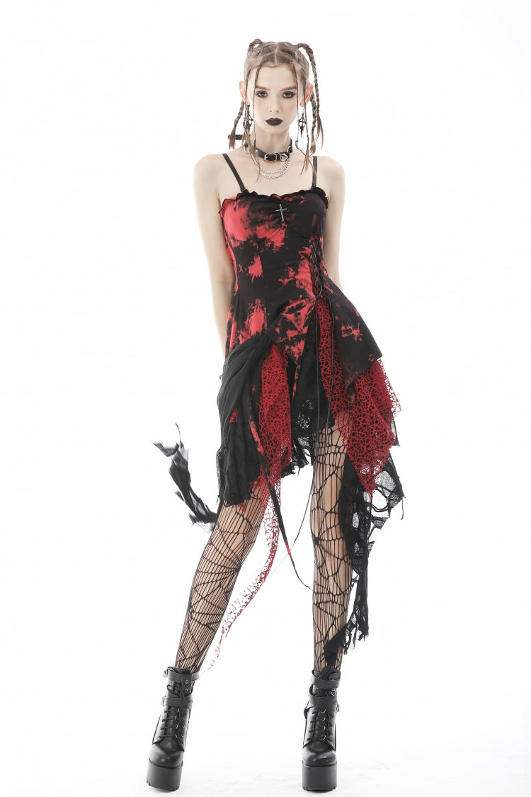 Black/Red Irregular Tie-dyed Patchwork Women's Punk Slip Dress - Product - 5
