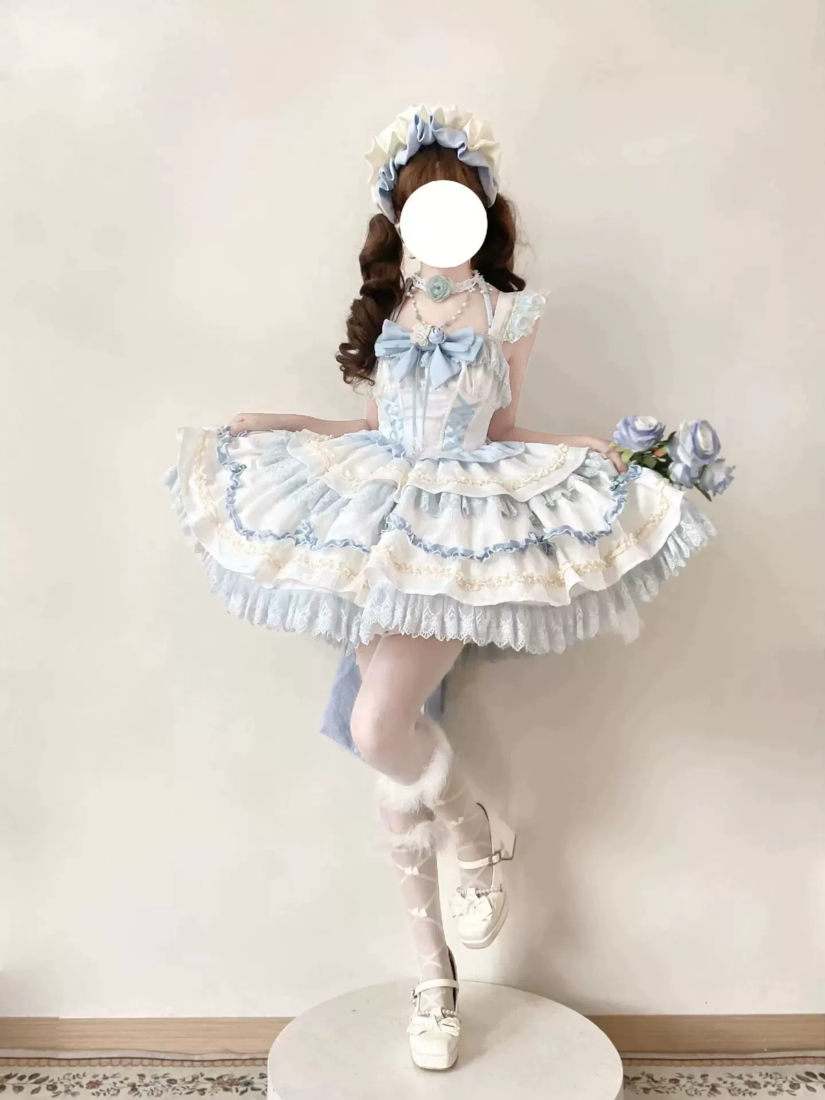 Light Blue and Pink Ruffled Sweet Lolita Dress with Floral Bow Accent - view 5