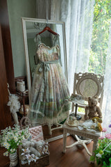 Green [Oil Painting – Spring] Sleeveless Print Ruffle Bowknot Lace Sweet Lolita Jsk Dress - Product - 7