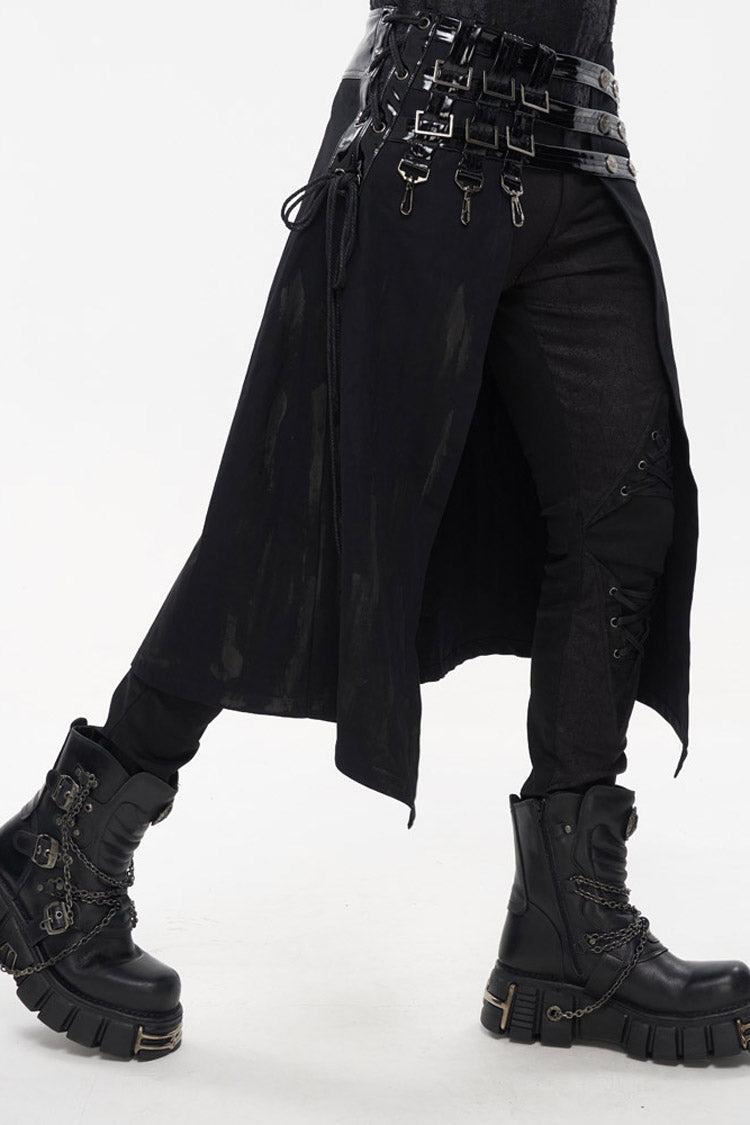 Black Punk Patent Leather Paneled Belt Irregular Print Metal Men's Skirt - Product - 6