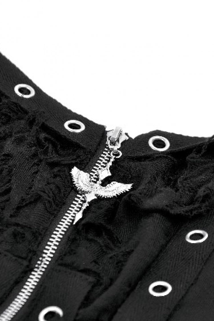 Black Women's Punk Eyelet Lace-Up Ripped Front Zippered Tank Top - Product - 12