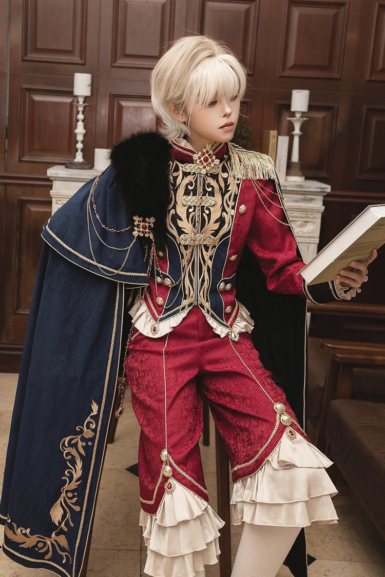 Red/Blue [Royal Glory] Stand Collar Long Sleeves Ruffled Embroidered Gothic Vintage Prince Palace Ouji Lolita Set - Product - 13