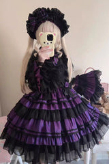 Black/Purple Long Trumpet Sleeves Multi-Layered Ruffle Bowknot Lace-Up Gothic Lolita Dress - Product - 4